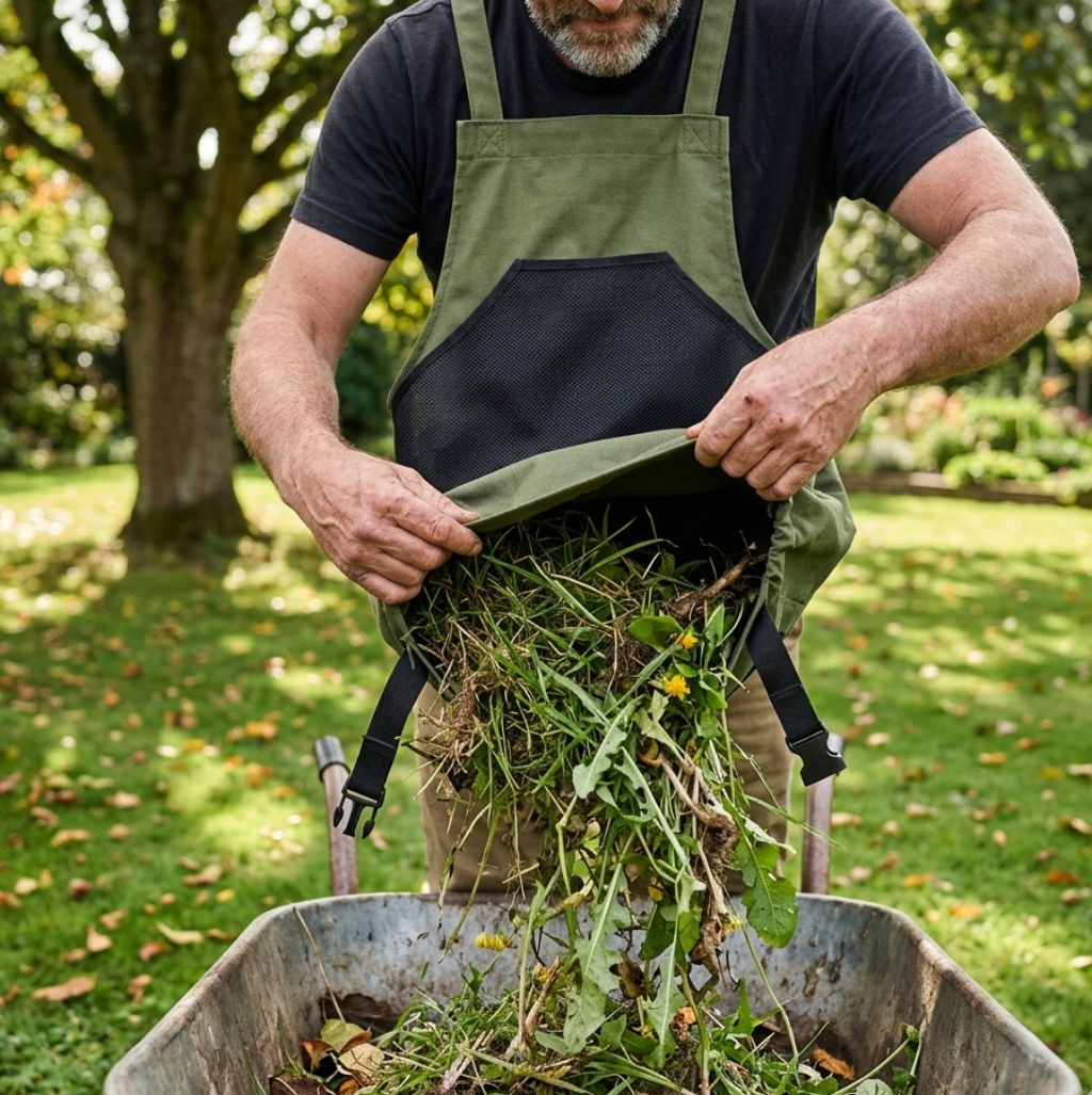 Man wearing the Grange Carrier harvest apron using the quick-release drop to empty weeds into a wheelbarrow