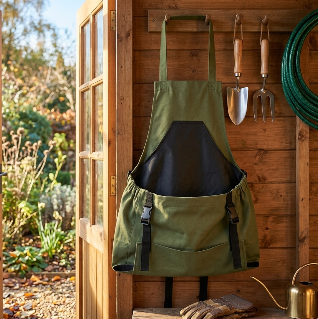 Grange Carrier harvest apron hanging in a garden shed when not in use