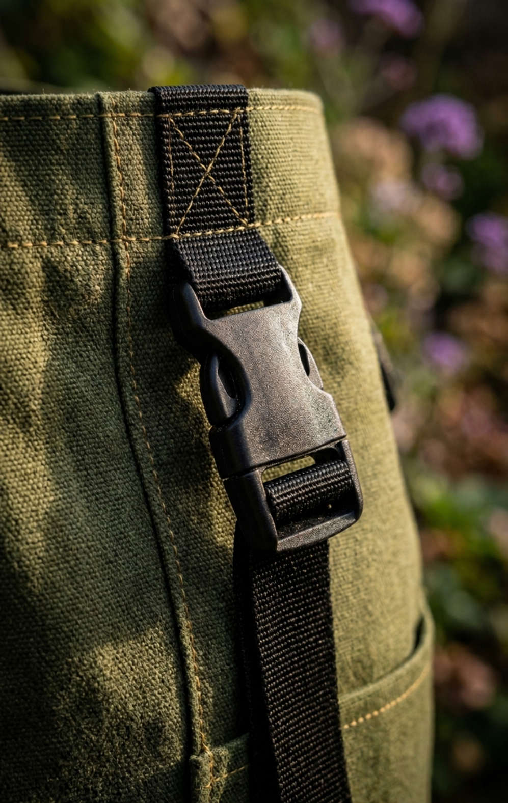 Close-up of the Grange Carrier quick-release toggle and buckle detail