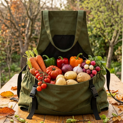 Grange Carrier harvest apron filled with freshly picked fruit from the garden