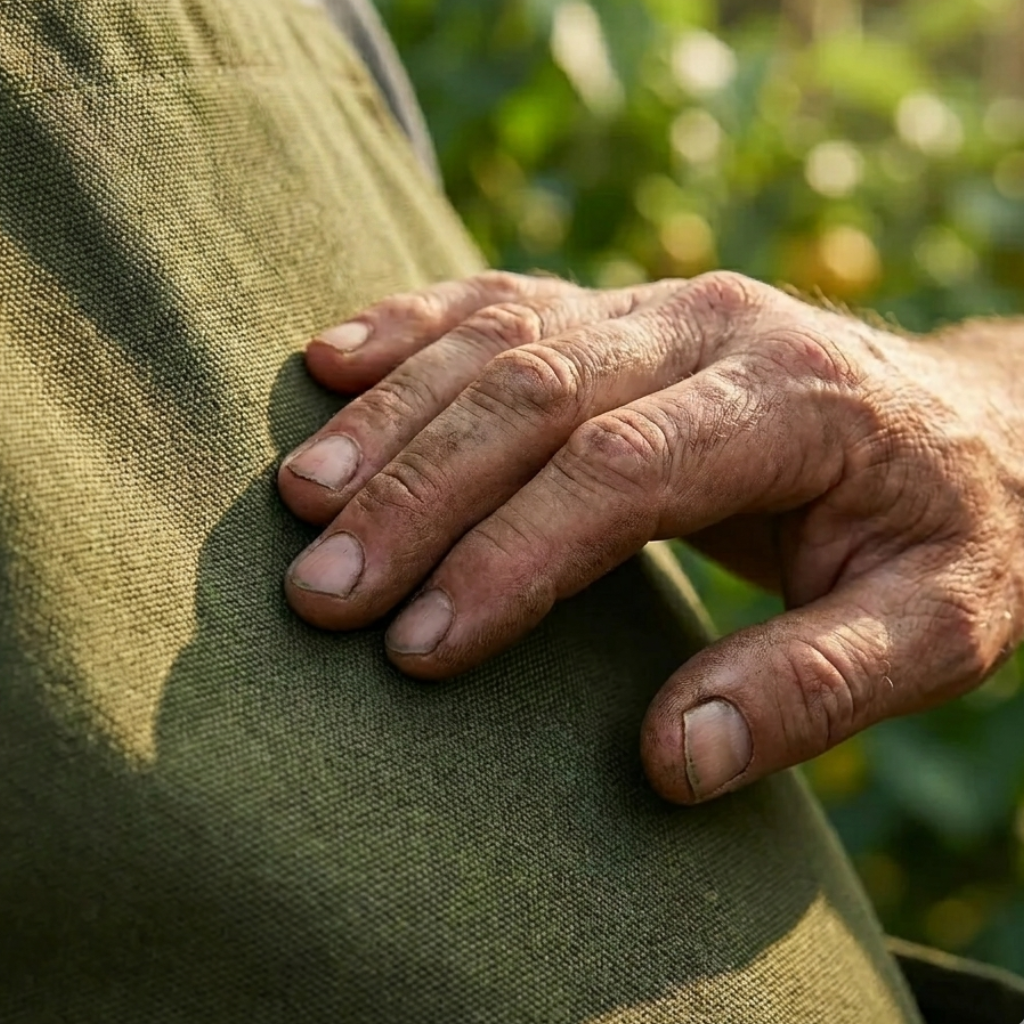 Close-up of hand gripping the Grange Carrier hands-free harvest apron