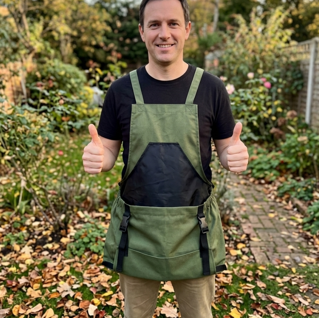 Man wearing a green apron giving thumbs up in a garden setting