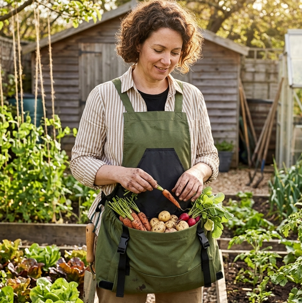 Woman wearing the fully loaded Grange Carrier harvest apron holding fresh fruit from her garden