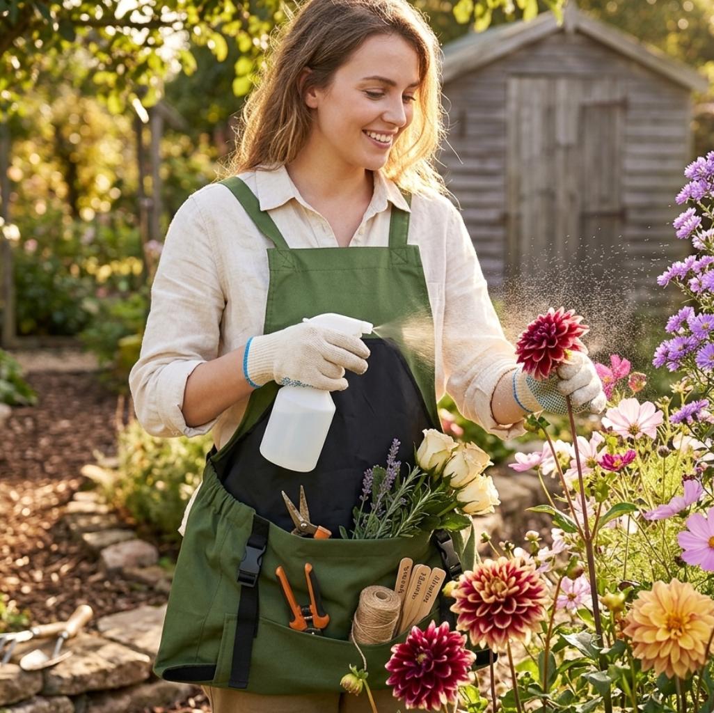 Woman wearing the Grange Carrier hands-free harvest apron while spraying flowers in the garden